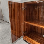 Contemporary High-Gloss Natural Wood Veneer Sideboard with White Marble Top, Double-Door Storage and Three Wide Drawers